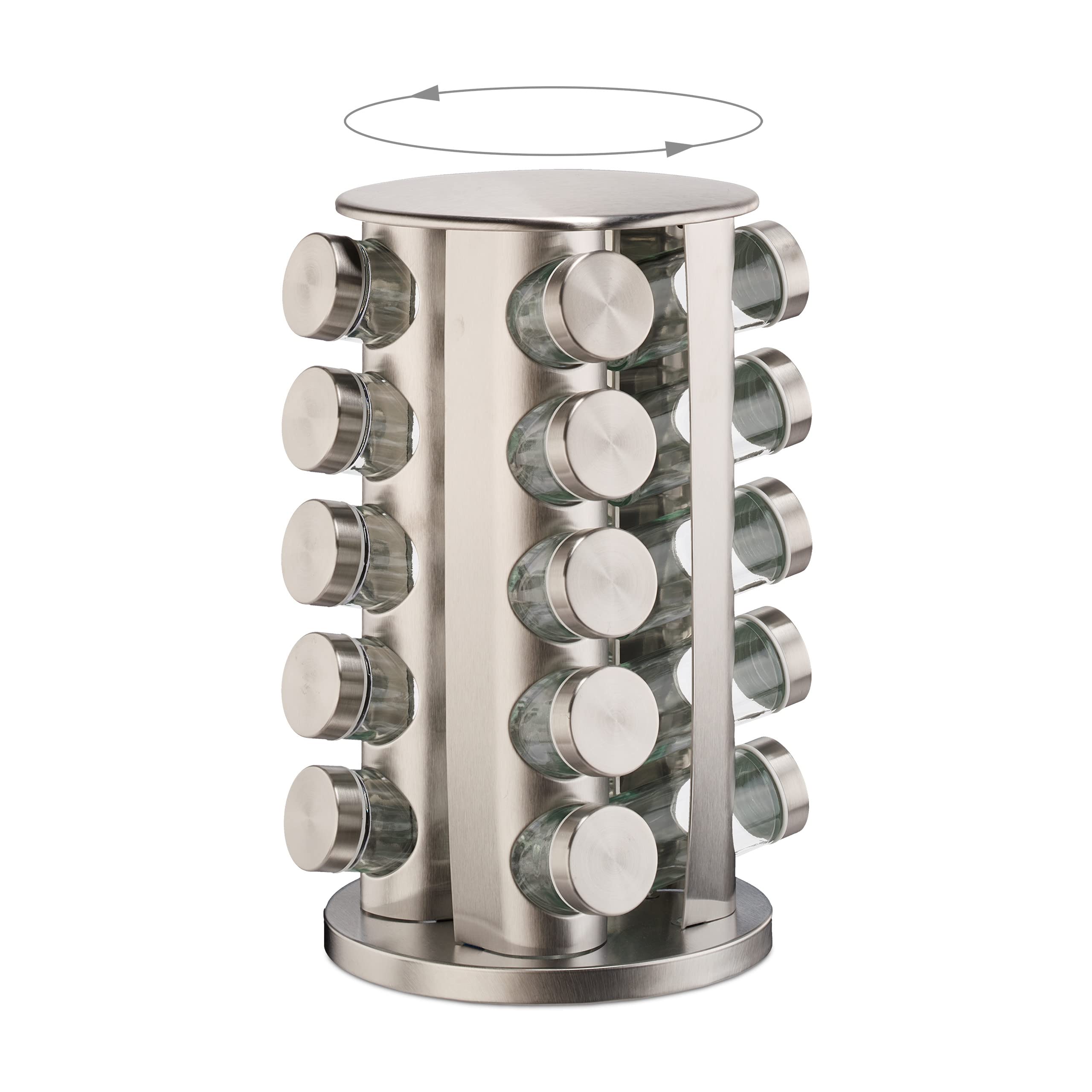 Relaxdays Portaspezie da Cucina, con 20 Barattoli, 40 Etichette, Girevole a 360°, Riempibile, Acciaio Inox, Argentato