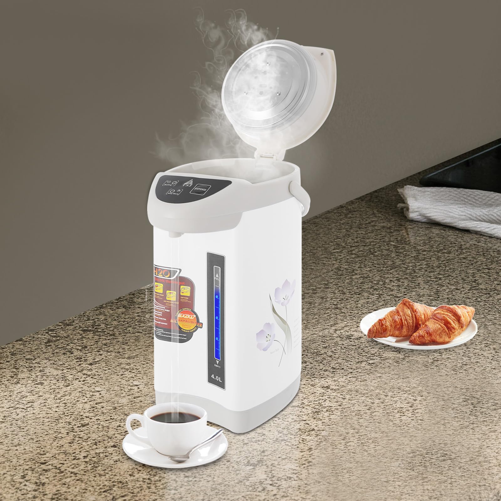 Dispensador de agua caliente de acero inoxidable de 4 litros, dispensador de agua, tetera, 750 W, termo de control de botones, depósito de agua para escuela, hogar, oficina, hotel (blanco)