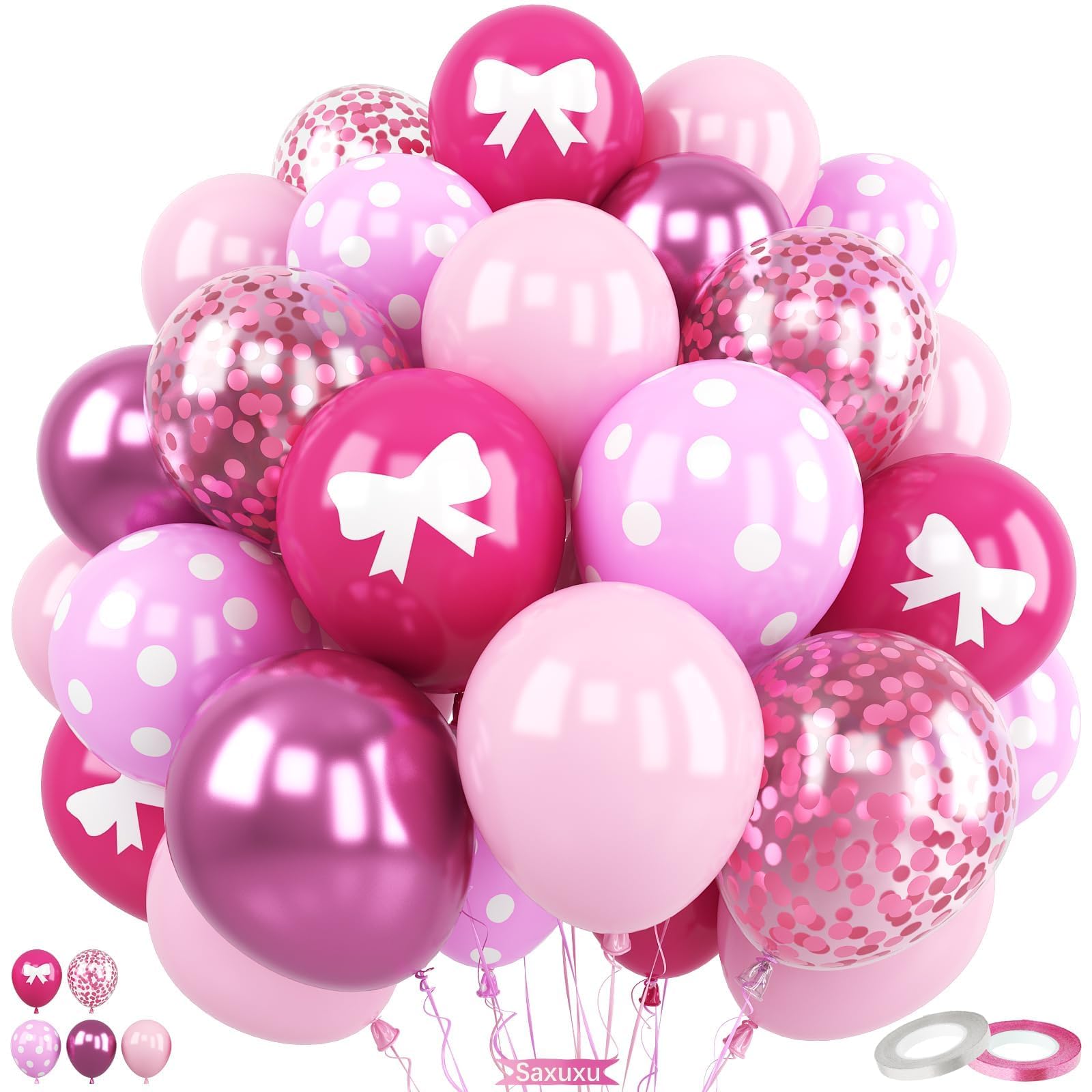 Hot Pink Balloons, 60Pcs 12 Inch Pink Latex Bow Rose Pink Polka Dots Metallic Pink Confetti Balloons for Girl Birthday Pink Party Decorations Baby
