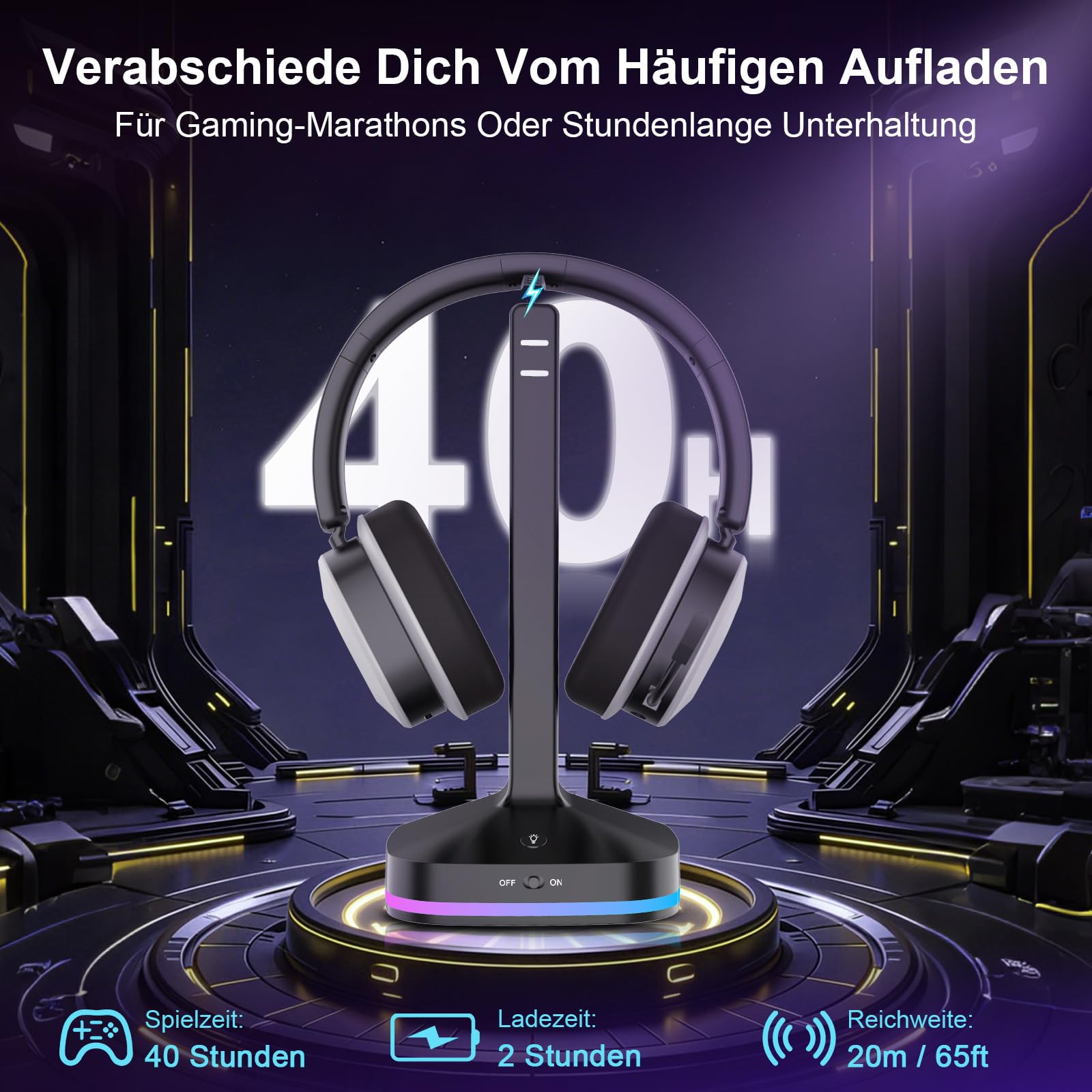 Earbay 2.4GHz Wireless Gaming Headset mit Bluetooth Kopfhörer Für PS5, PS4, PC, Switch, Xbox & Laptop, 6.0 Bluetooth Gaming Headset mit Mikrofon, klappbarem Mikrofon, 40h Akku, RGB-Ladestation