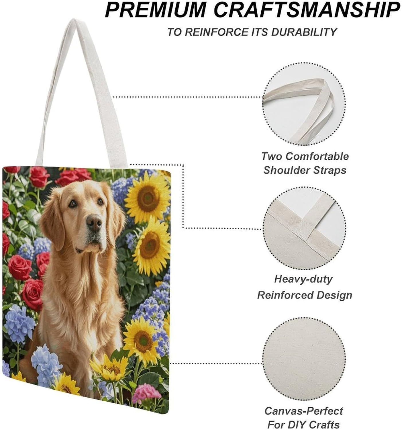 Golden Retriever Flowers Canvas Tote Bag Reusable Grocery Bags Foldable Soft Cotton Shoulder Carry Bag
