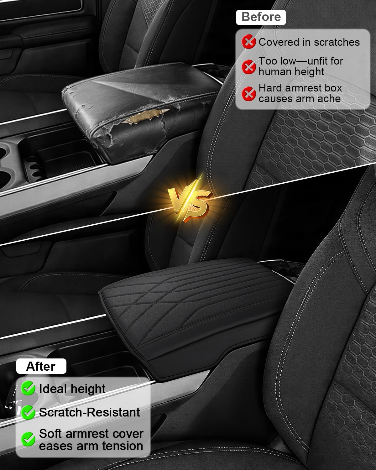 Copertura per bracciolo della console centrale compatibile con accessori Dodge RAM 1500 2500 3500 di quinta generazione 2019-2026, in pelle PU, antigraffio, nero (solo per sedile secchio)