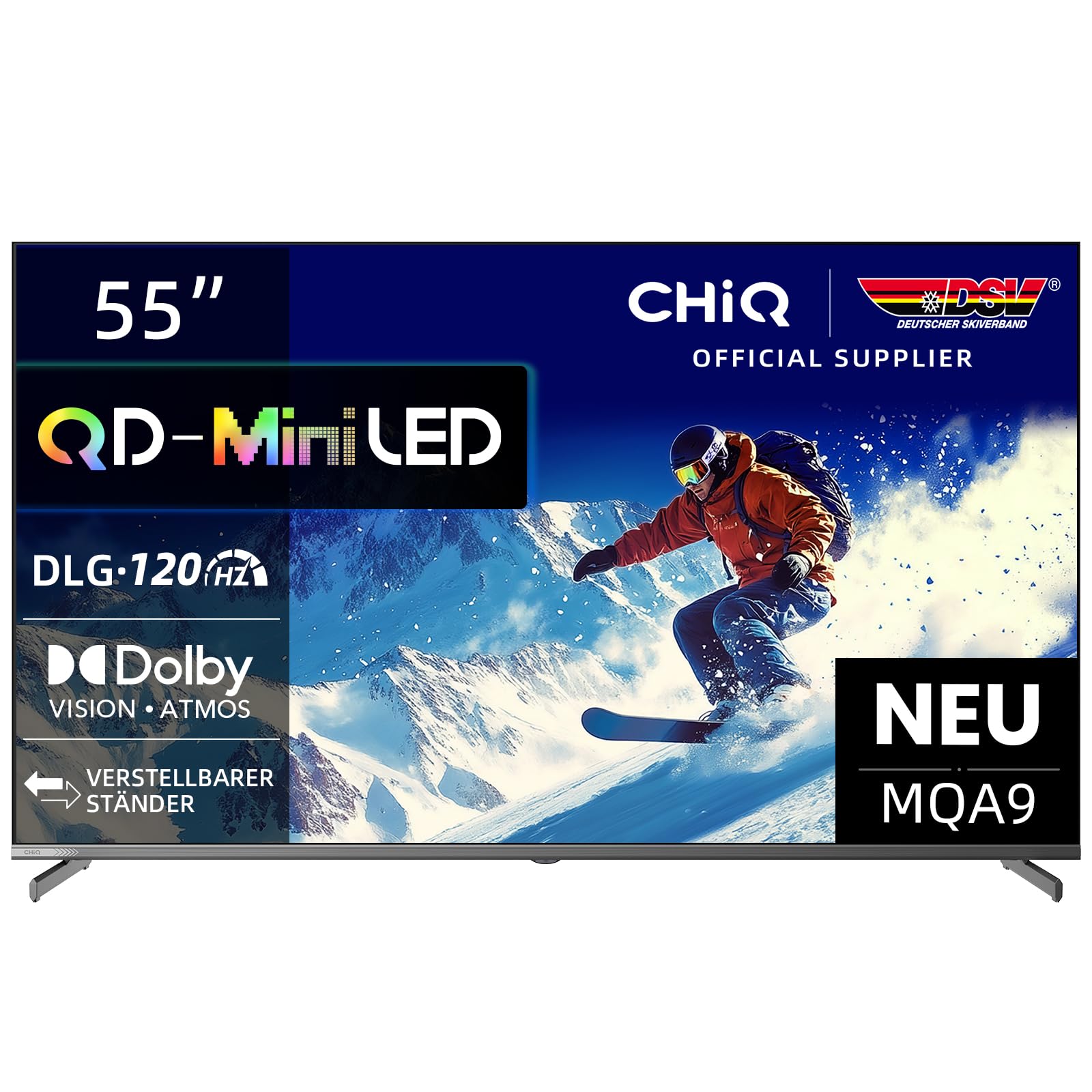 CHIQ M55QA9 55 Zoll 4K UHD QD-Mini LED Smart TV, DLG 120HZ, MEMC, HDR10, Dolby Vision & Atmos, 4X HDMI2.1, Wide Color Gamut, rahmenloses Metallgehäuse, Chromecast, Prime Video
