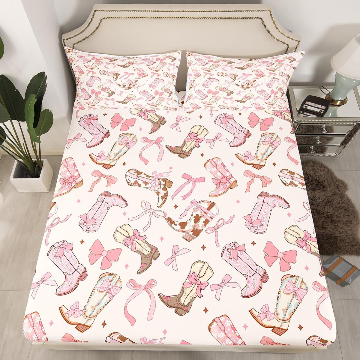 Feelyou Pink Bow Fitted Sheet Twin Size Kids Cute Bowknot Bedding Set for Boys Teens Girls Bow Bed Sheet Set Breathable Western Boots Bed Cover Room Decor