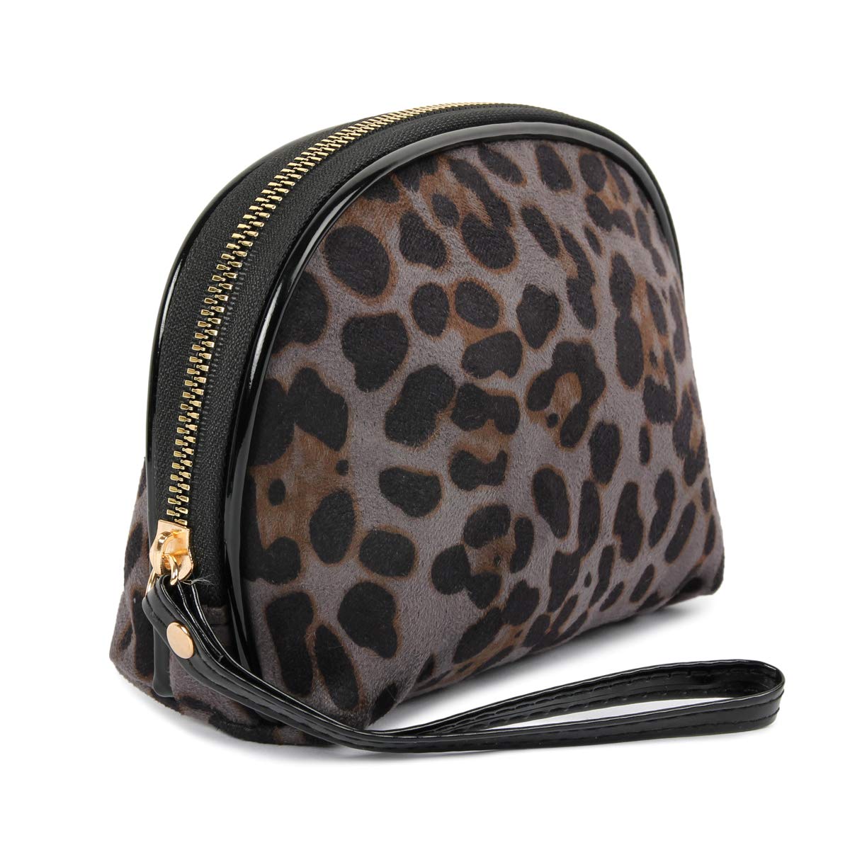 Multifunction Travel Cosmetic Makeup Pouch Bag - Print Toiletry Purse Metallic Zip Clutch, Striped Wristlet, Leopard (Round - Animal Print Gray)