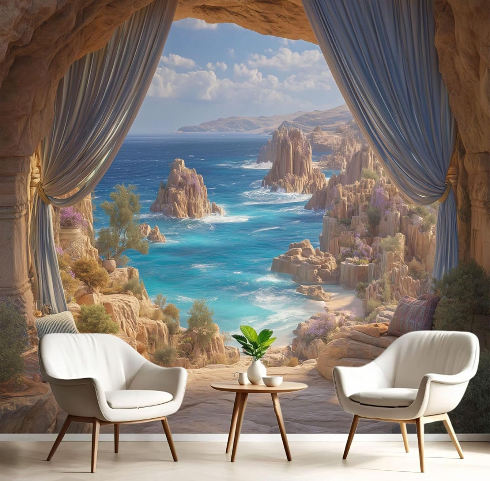 Papier peint panoramique 3D de grotte rocheuse beige 200x140 cm pour salon et chambre