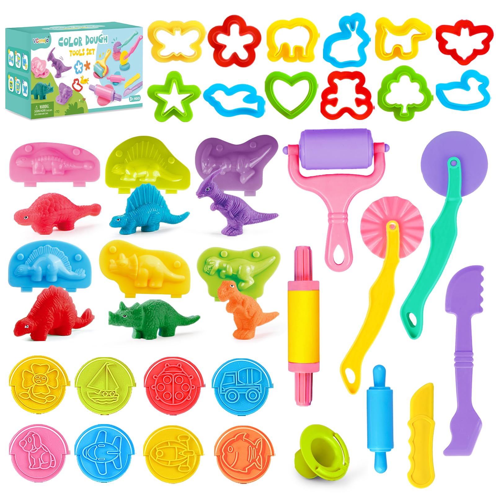VConejo 34 Pcs Playdough Tools Set for Kids 3+, Colour Dough and Modelling Clay Accessories with Dinosaur Moulds, Animal Cutters, Rolling Pins, Stamps and Shaping Tools
