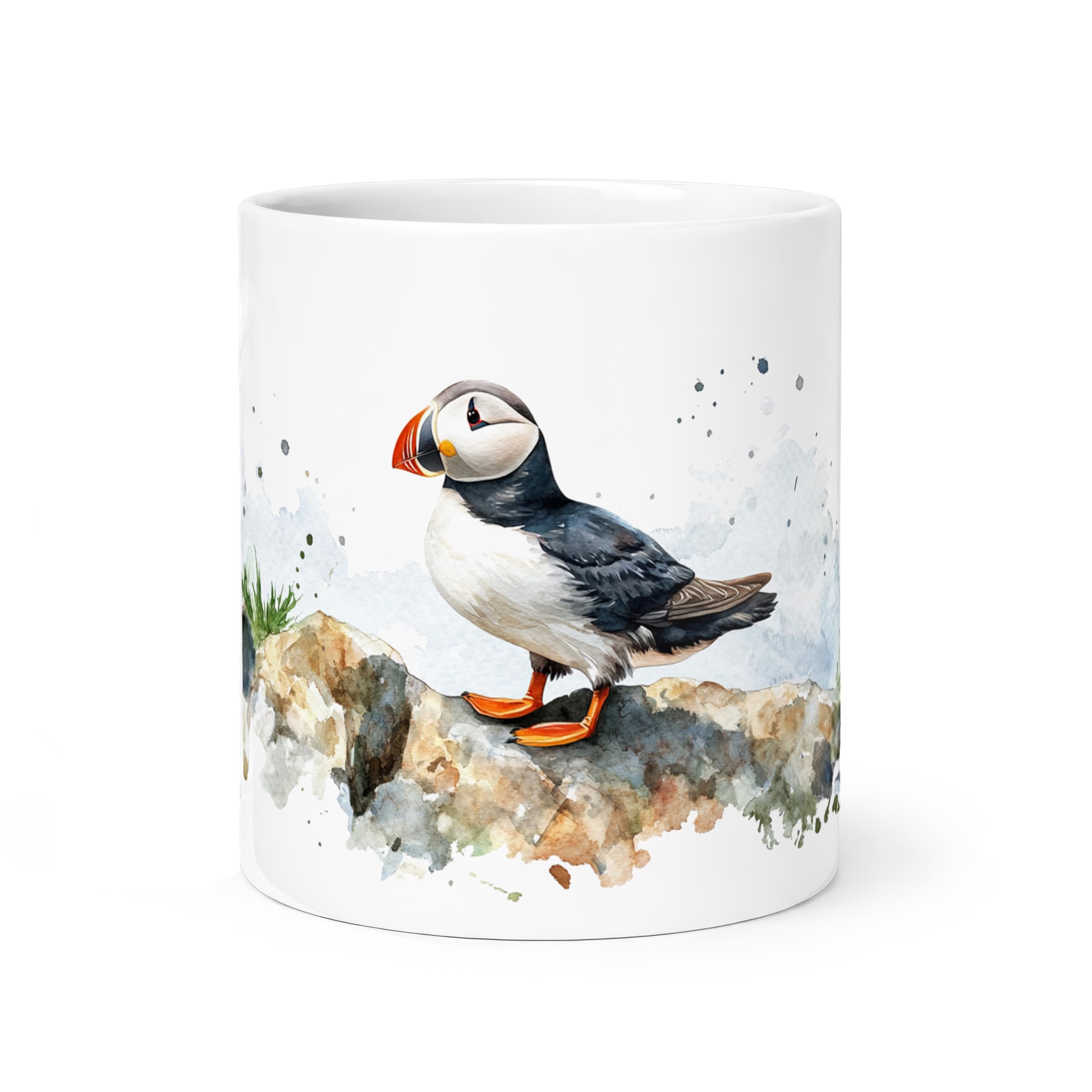 Spomo Puffin Bird Watercolor Painting Nature Illustration Detailed Art Ceramic Mug Wildlife Design Coffee Mug Gift for Bird Lovers and Nature Enthusiasts