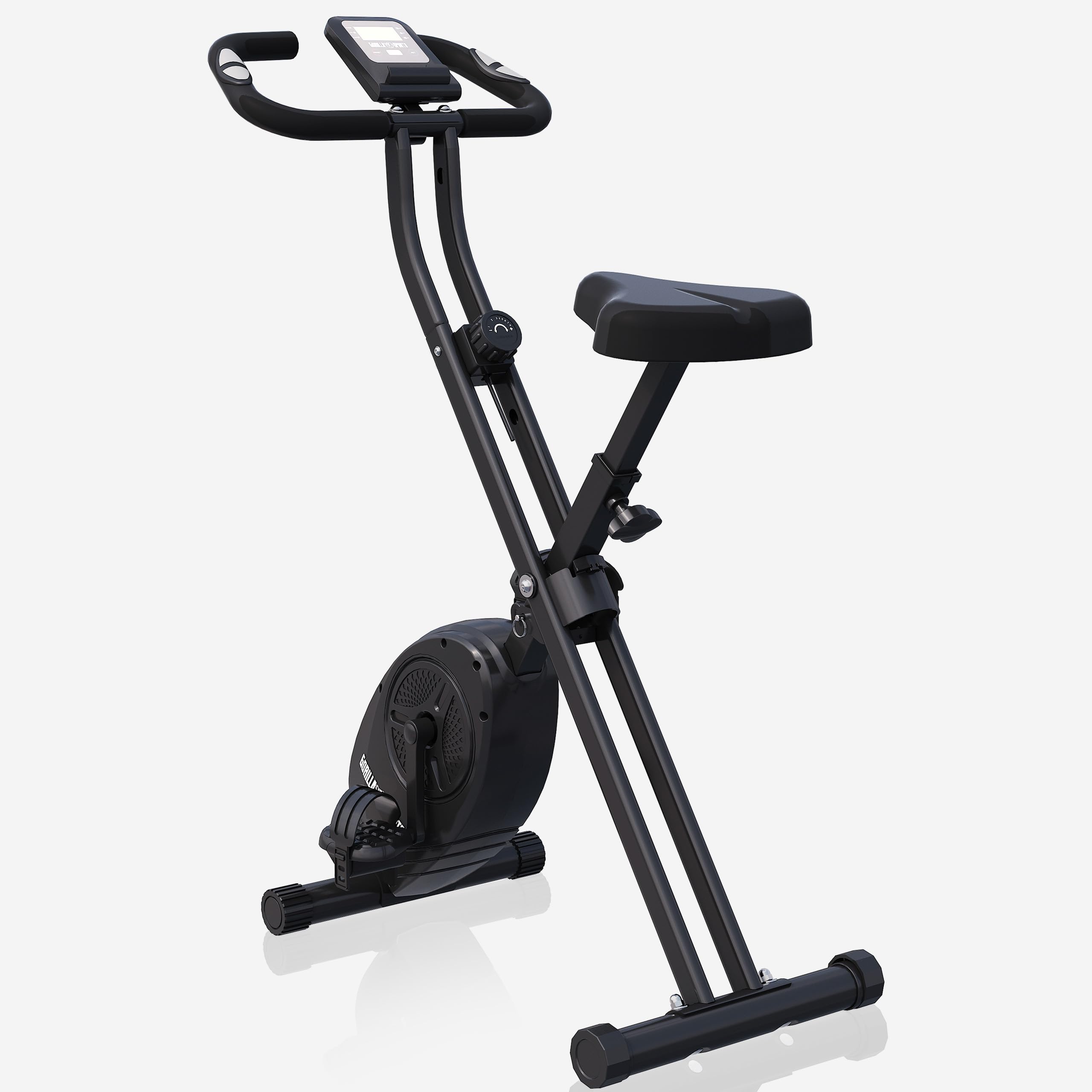 GORILLA SPORTS® Klappbarer Heimtrainer mit 8 Widerstandsstufen, bis 110 kg | X-Frame mit Magnetwiderstand, höhenverstellbarem Sattel und Bordcomputer für Distanz, Tempo, Kalorien und Puls