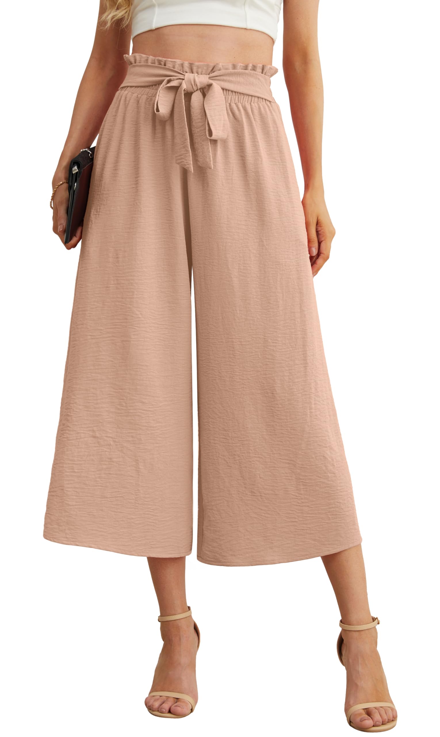 IWOLLENCE Women Flowy Loose Wide Leg Pant Summer Beach Casual Trousers high Waist Adjustable Knot Business Work Casual Pants