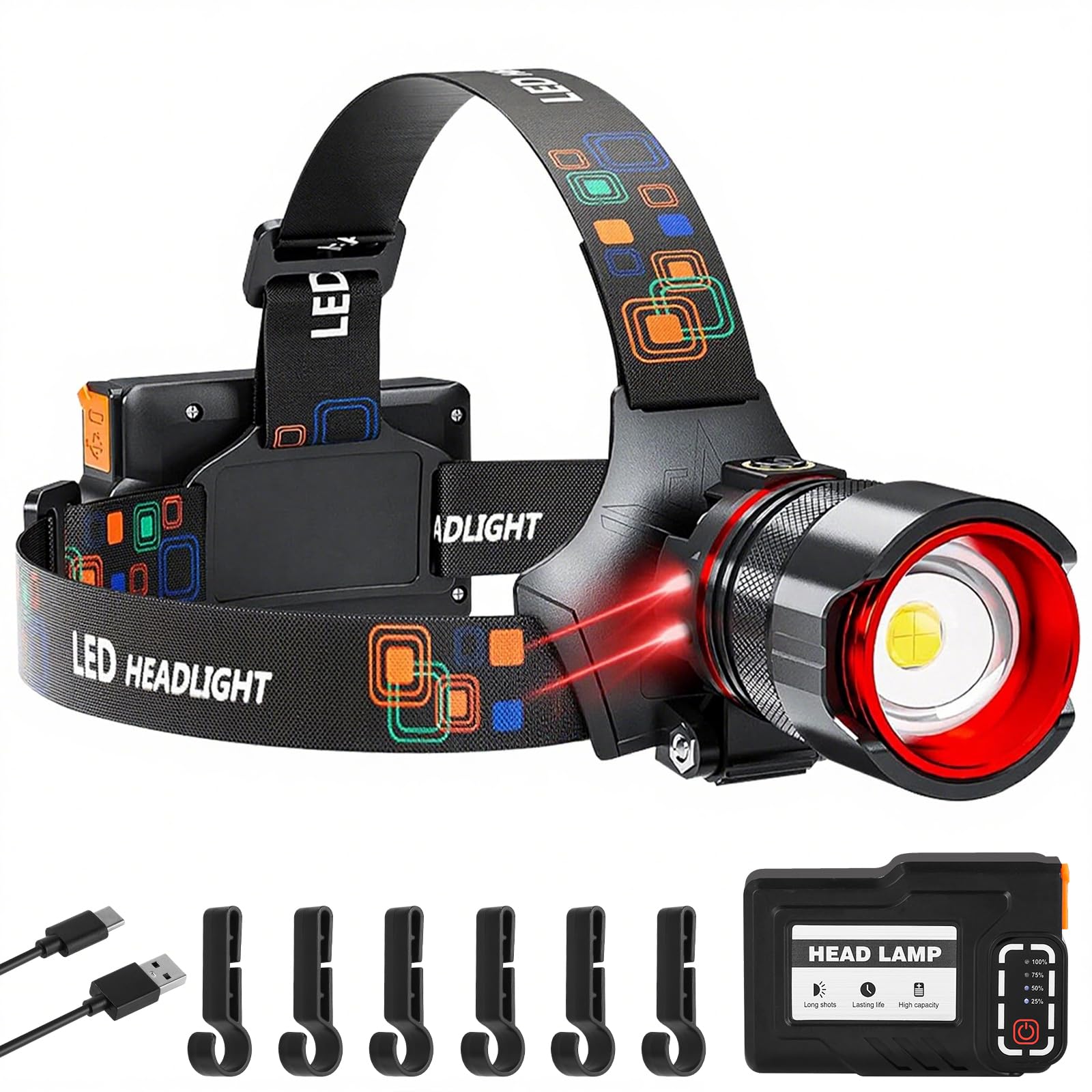 SIDARK Hoofdlamp, led, oplaadbaar, superhelder, 10.0000 lumen