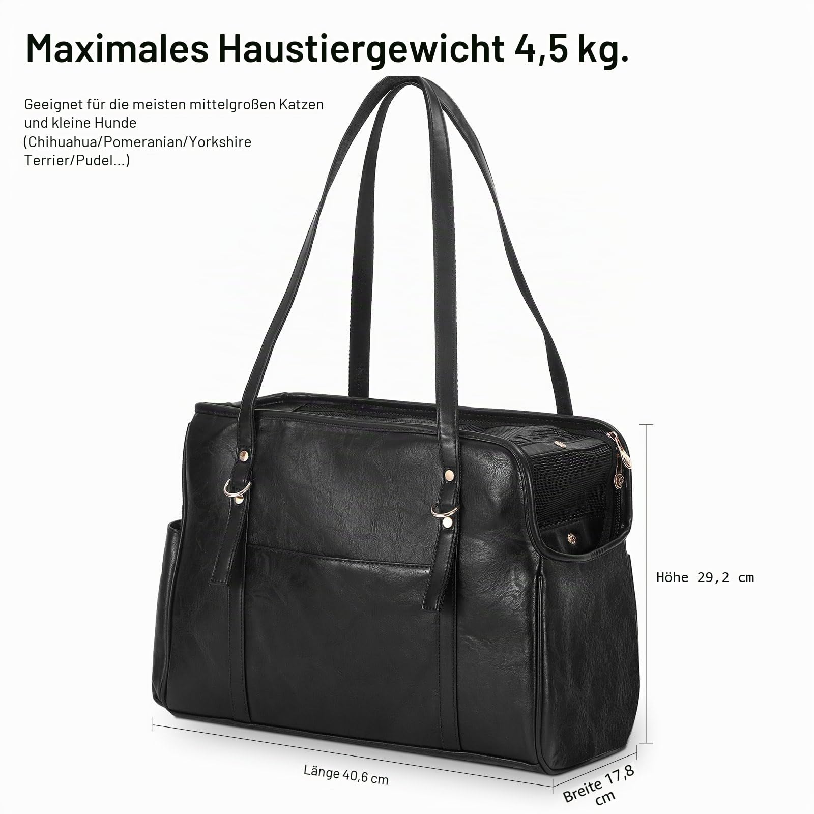 Lasaviin Hundetragetasche, modische Leder-Haustier-Tragetasche mit Taschen, von Fluggesellschaften zugelassen, weiche Seiten, für Welpen, Katzen, Hunde, Schwarz