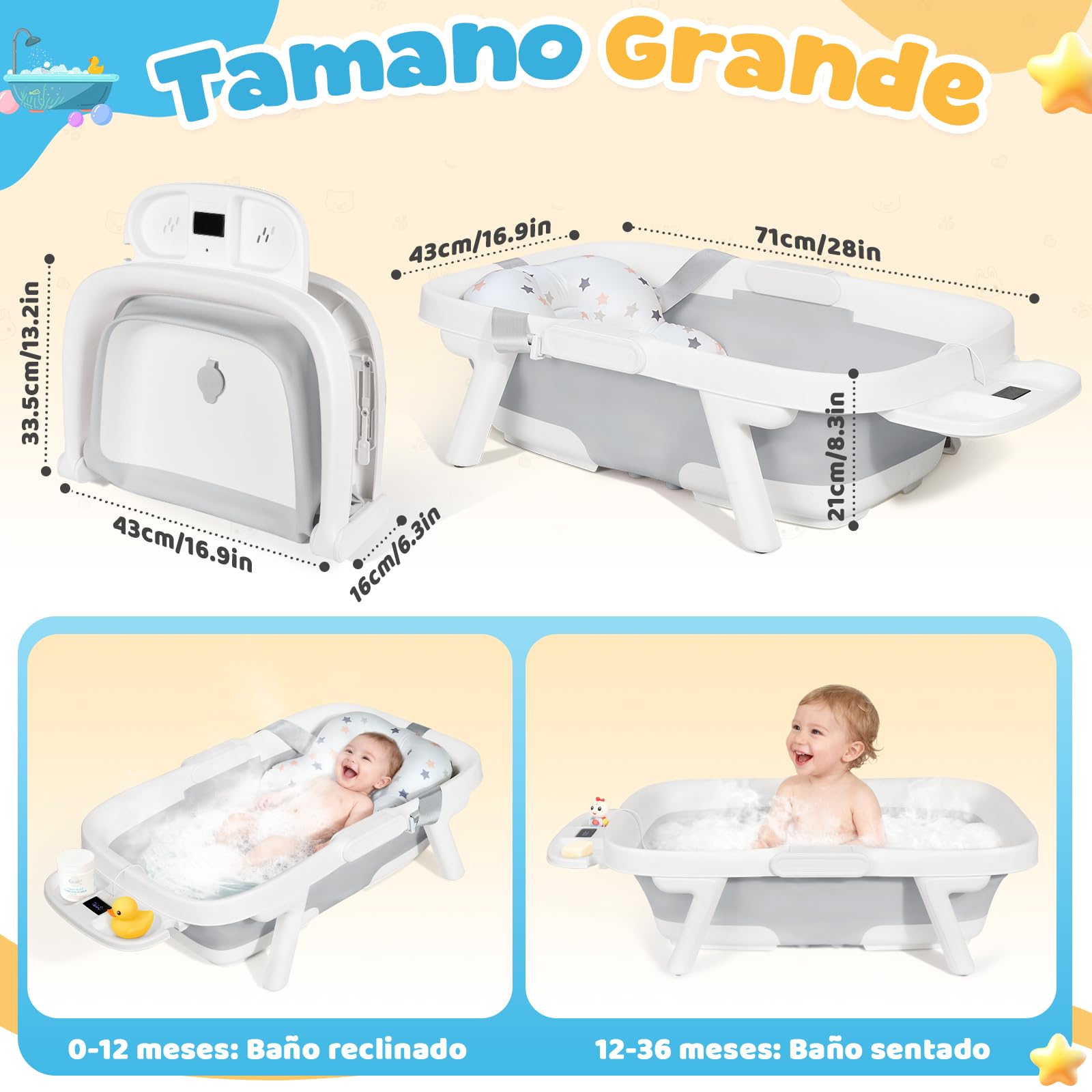 Orzbow Grande Bañera Bebe Plegable con Termómetro, Gris