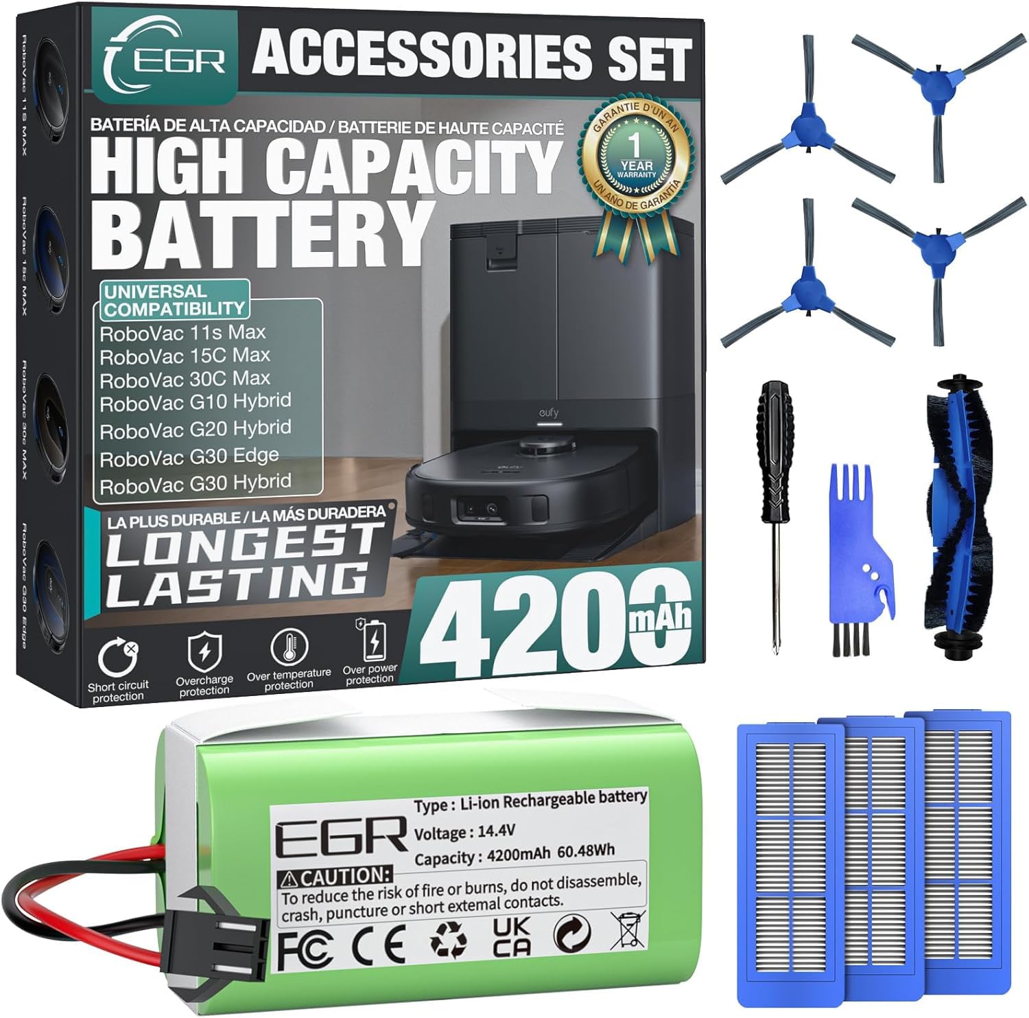 Batería de repuesto EGR de 4200 mAh compatible con eufy Robovac 11s Max, 15C Max, 30C Max, G10, G10Hybrid, G30, G30 Edge, G30 Hybrid, G30 Verge, G15, G20, G20 Hybrid.