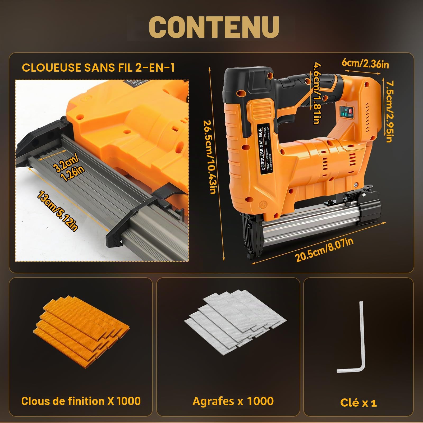Cloueuse sans fil 18GA Compatible avec Dewalt batterie 18 V (sans batterie), 2 en 1 pistolet agrafeur cloueuse avec 1 000 clous et 1 000 agrafes pour le travail du bois, projet de bricolage