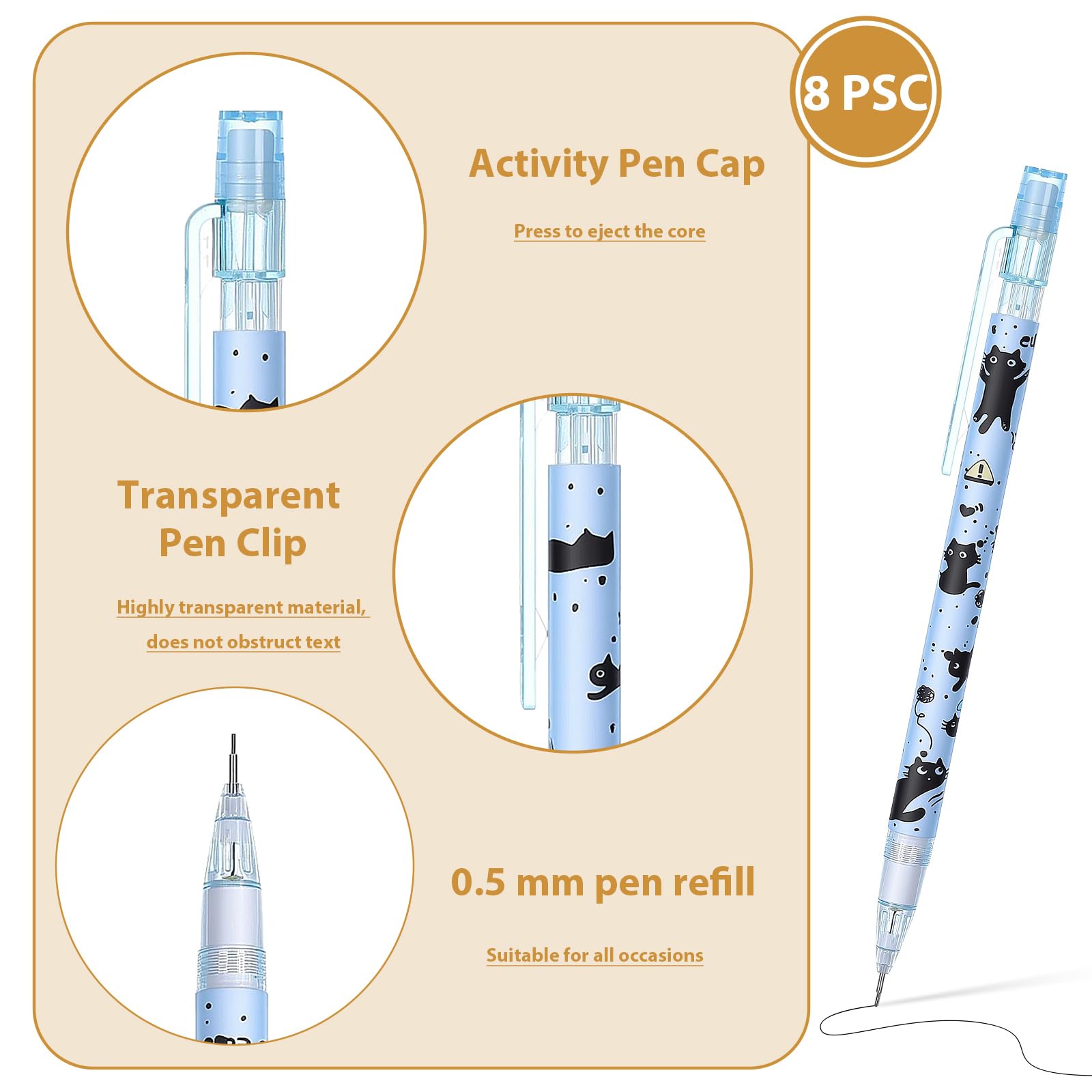 Druckbleistifte mit niedlicher Katze, 0,5 mm, Druckbleistift, Kawaii-Bleistifte, Schulbleistift für Studenten, Frauen, Büro, Schulbedarf, 8 Stück