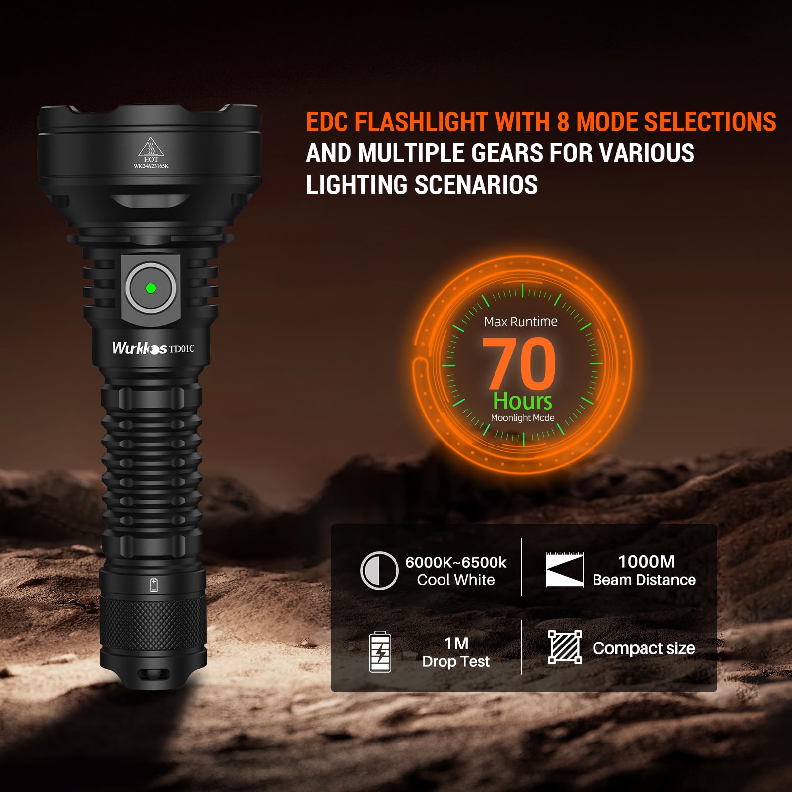 Wurkkos Torcia tattica TD01C 1800lm, portata 1000M, IPX8 impermeabile