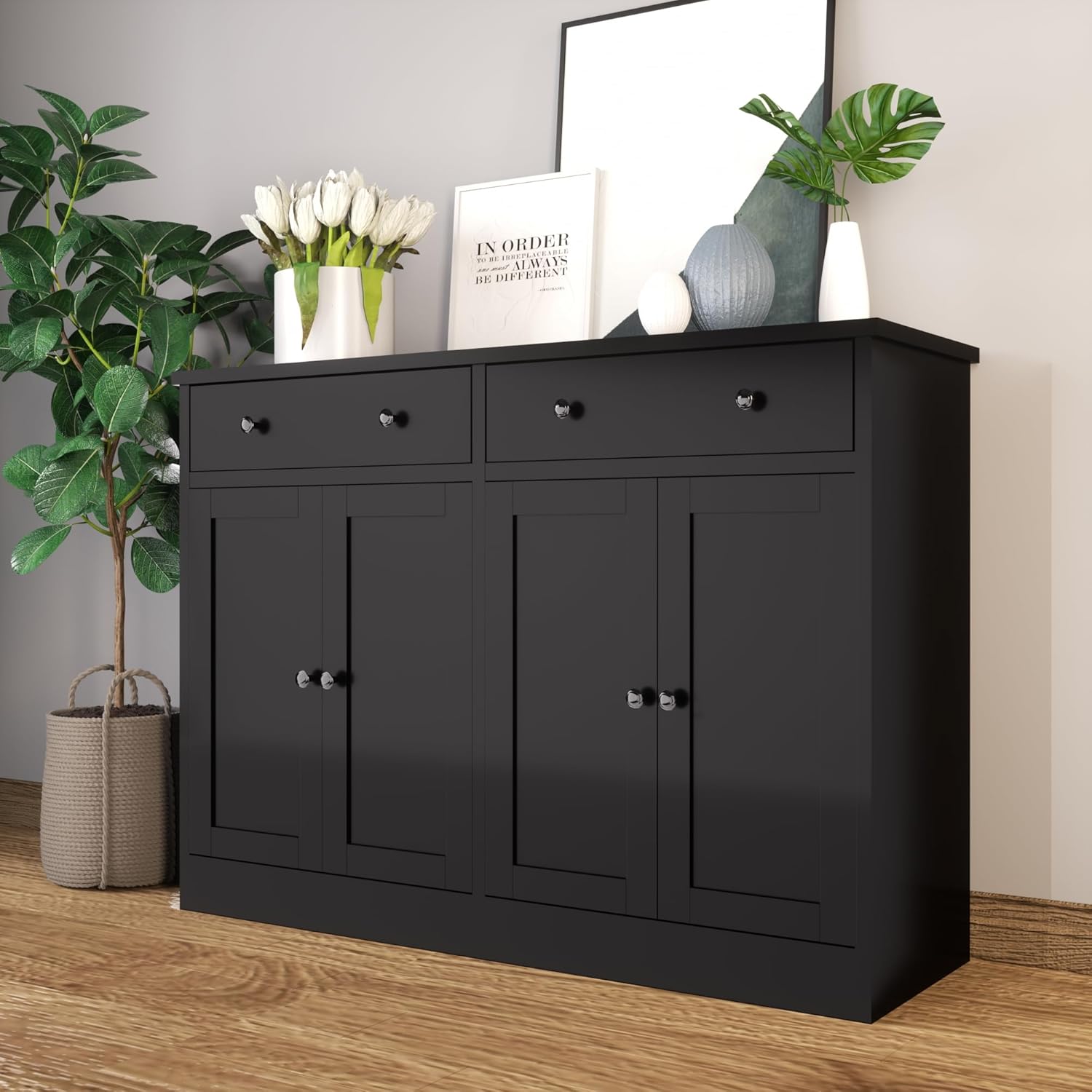 holzart 49" Black Buffet Cabinet with Doors & Drawers, Modern Kitchen Storage Sideboard, Coffee Bar Console Table for Dining Room, Living Room, Entryway