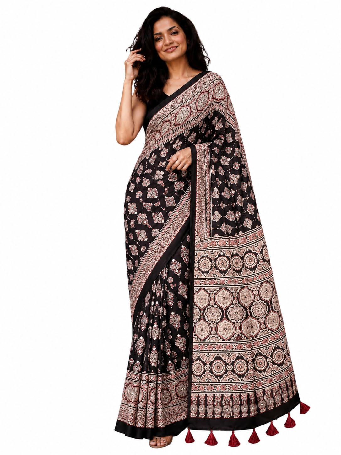 Women's Ajrakh Modal Silk Saree Mirror Work Rich Gajji Silk Pallu Tassels