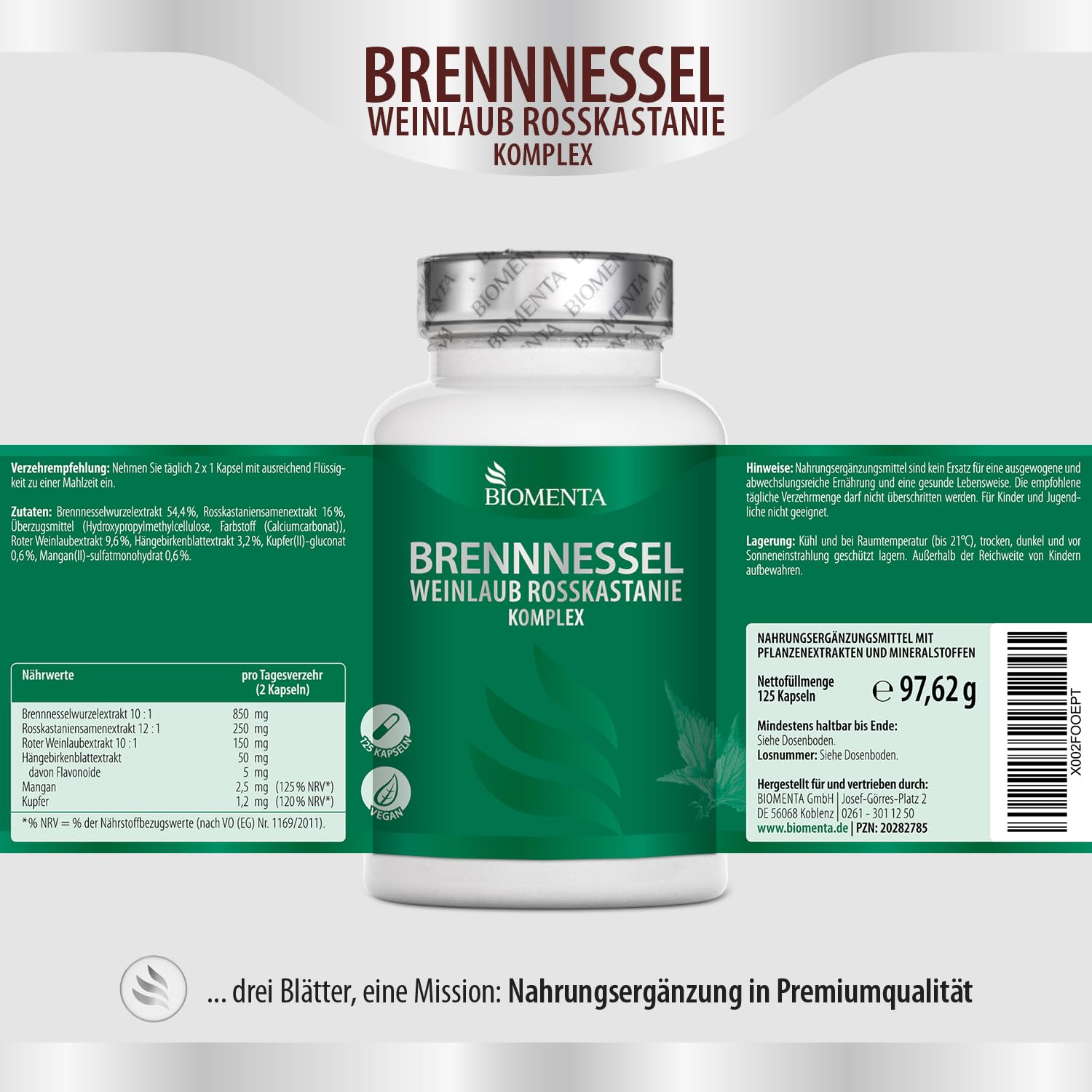 BIOMENTA Brennnessel + Weinlaub + Rosskastanie Komplex hochdosiert - 125 Kapseln synergetisch ergänzt mit Birkenblatt, Kupfer und Mangan - vegan - Premiumqualität