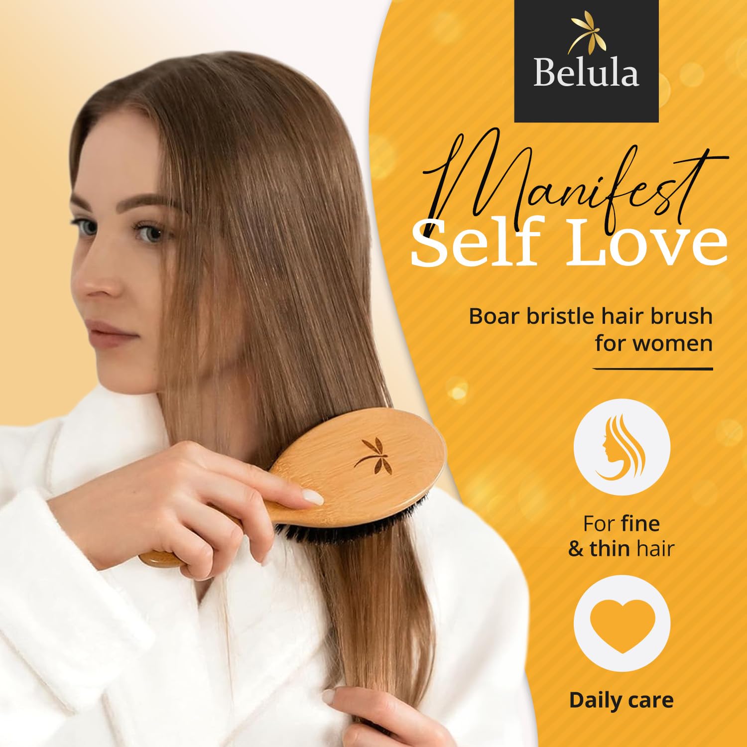 Belula Set spazzola per capelli. 100% setole cinghiale per capelli sottili e fini. Ripristina lucentezza e consistenza. Pettine in legno, borsa da viaggio e fascia per spa inclusi!