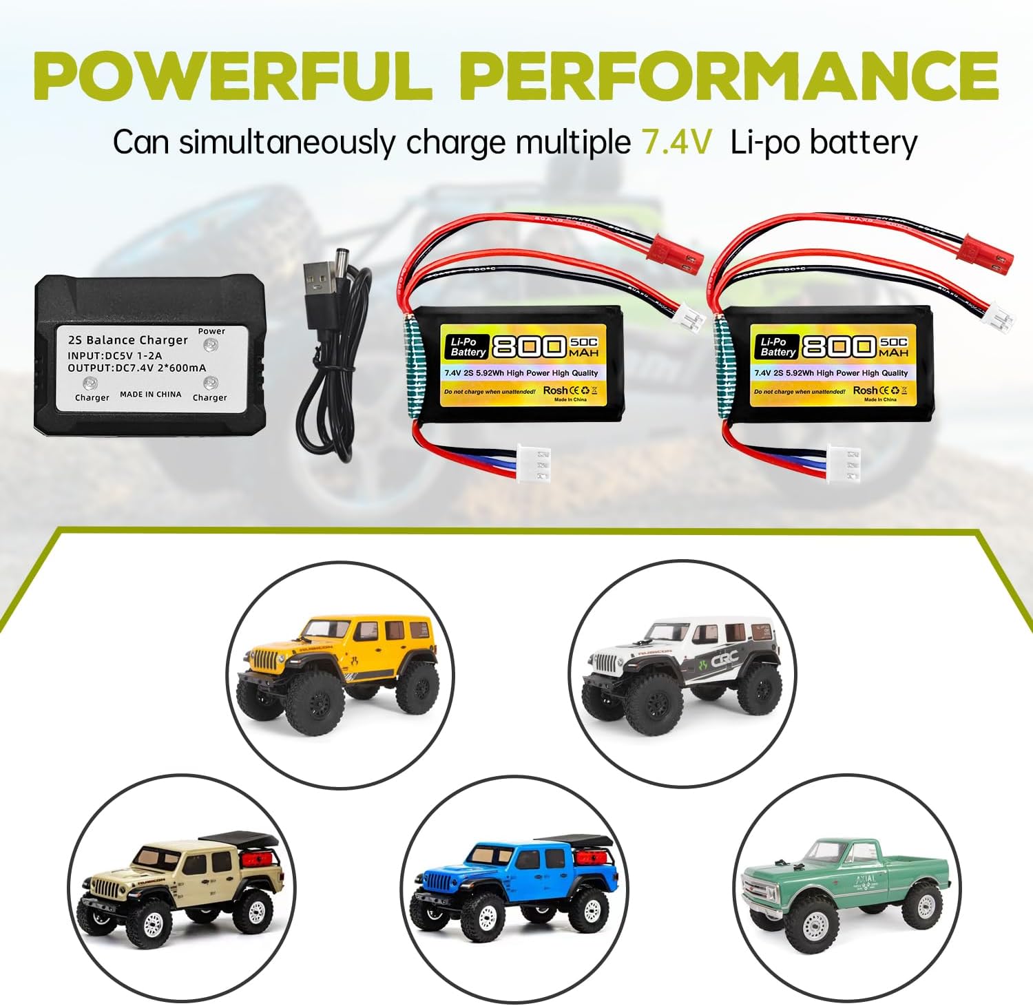 Fytoo 2PCS 7.4V LiPo 2S 50C 800mAh with JST and PH2.0 Plug with 2-in-1 Charger for SCX24 RC car Battery, Compatible with Most 1/10, 1/16, 1/18, 1/24 Scale RC car, Truck and RC Drone Batteries