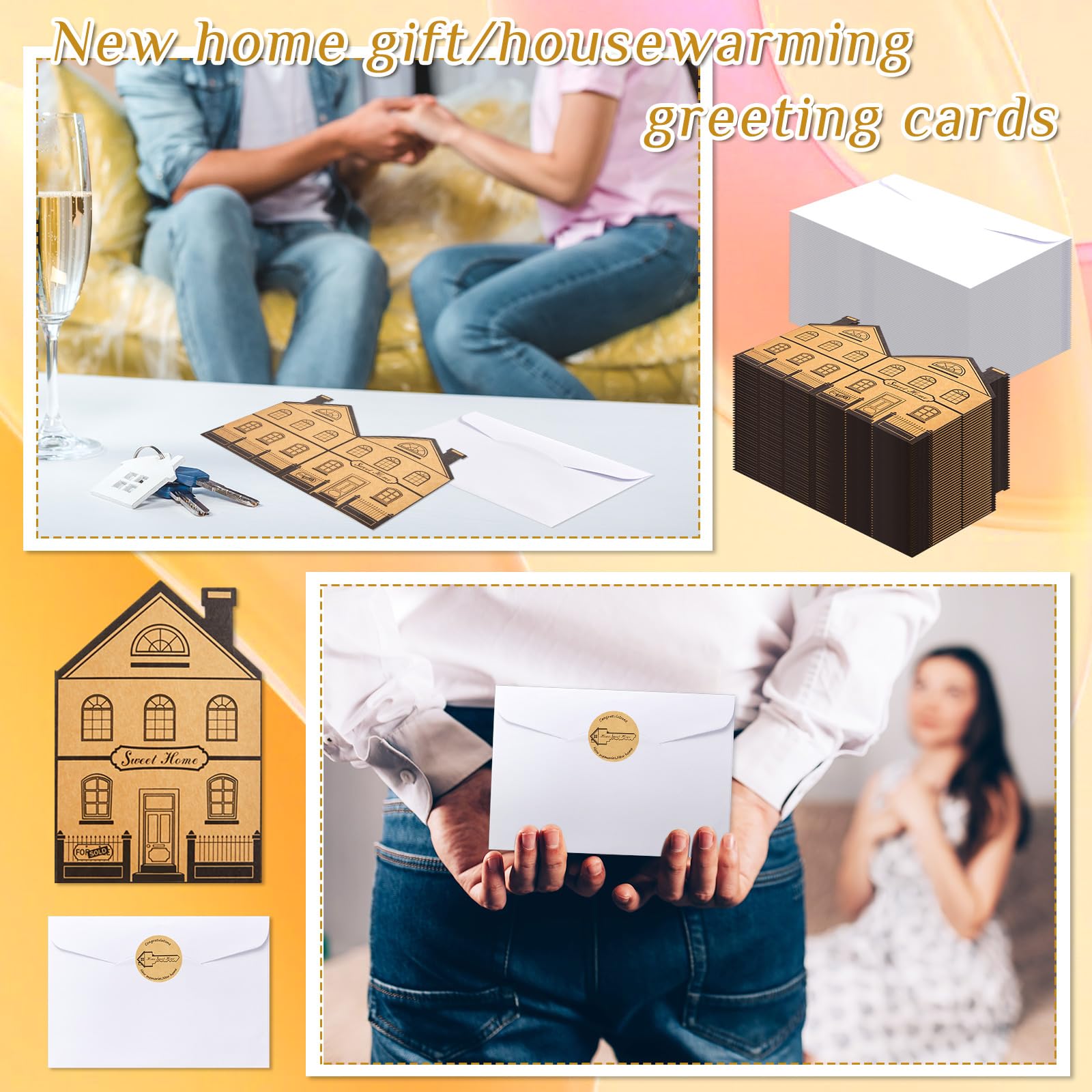Fulmoon 30 Sets Estate Agents New Home Card Congratulations New House Card Welcome Housewarming Card House Shaped Greeting Card Thank You Note Card with Envelopes and Stickers for Agent Gifts Supplies