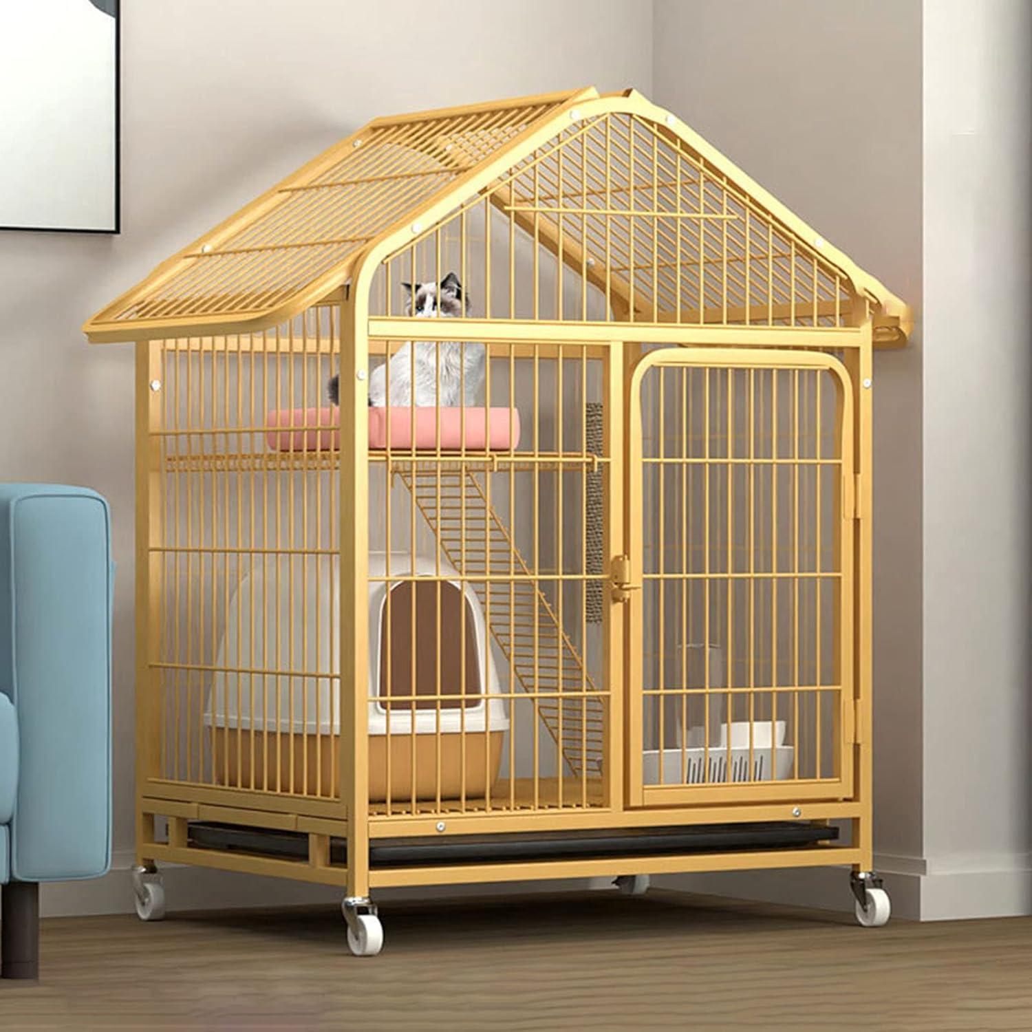 Cat Playpen,Guinea Pig Cages,Rat Cage Cat Cages Indoor,Durable Pet Enclosure Includes Adjustable Resting Platforms,Removable Leak-Proof Pan,360° 4-Locking Wheel Casters,78 * 54 * 145cm