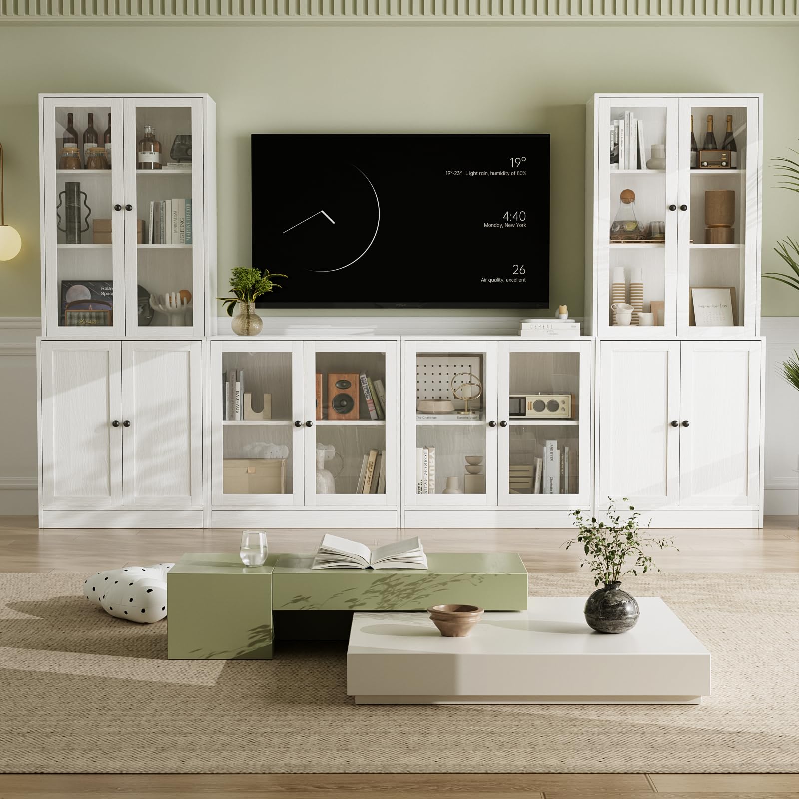 VOWNER Grande Mobile TV Soggiorno 180 cm per TV fino a 70 Pollici，Centro di Intrattenimento con Scaffali, Libreria Combinabile per Soggiorno, 2B+2D (Bianco)