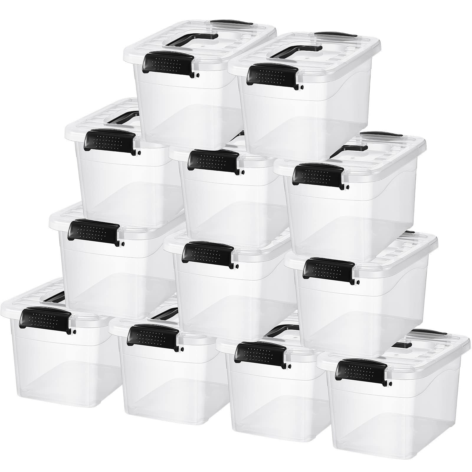 Cunno 12 Pack Plastic Storage Bins with Lids Clear Storage Containers Stackable Plastic Storage Latch Box Organizer with Handle(8 Qt)