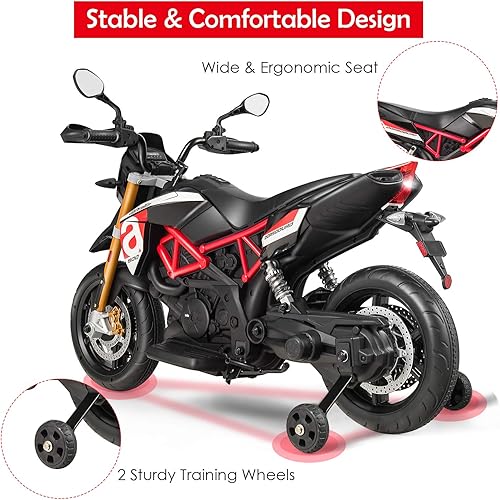 Miniatura 6 de OLAKIDS Motocicleta para niños de 12 V motor eléctrico con licencia Aprilia con ruedas de entrenamiento suspensión de resorte música cuerno luces