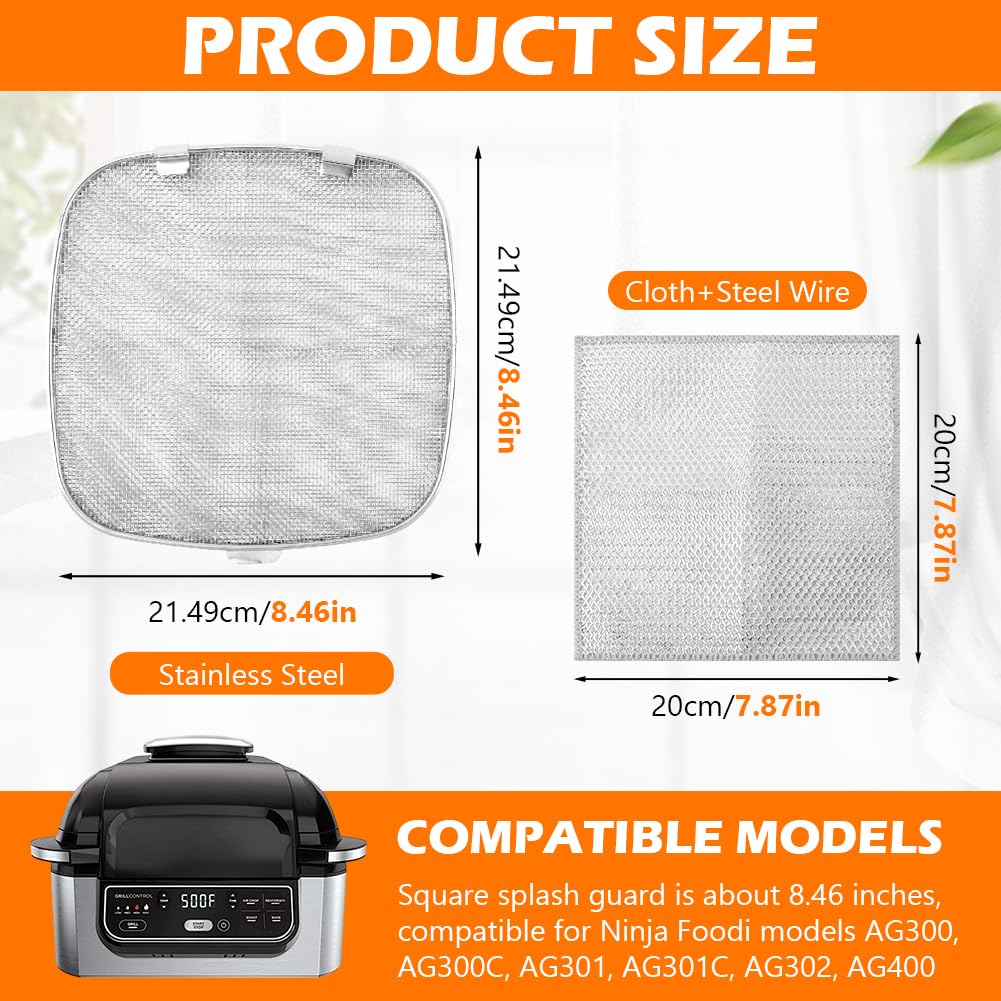 Kitchen Splatter Shield with Wire Dishwashing Rag,Stainless Steel Spatter Guard for NinjaFg551 Foodi,Air Fryer Accessories Replacement Parts Fine Mesh Splatter Screen(Square,21.49x21.49cm)