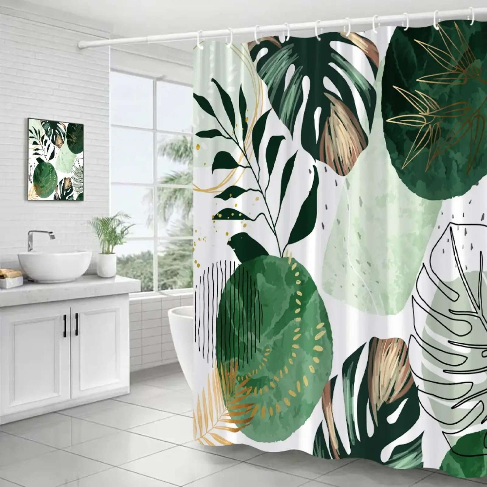 Rideau de douche monstera palmier botanique noir vert et or 137x198