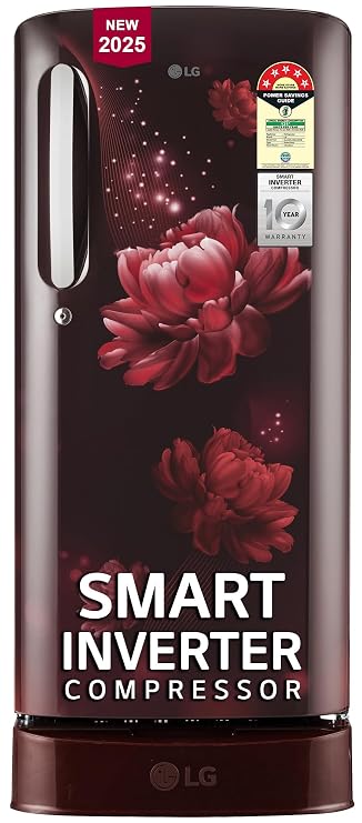 LG 185 L, 5 Star, Smart Inverter, Direct-Cool Single Door Refrigerator (GL-D201ASCU.BSCZEBN, Scarlet Charm, Base stand with drawer & Fast Ice Making) deal from amazon