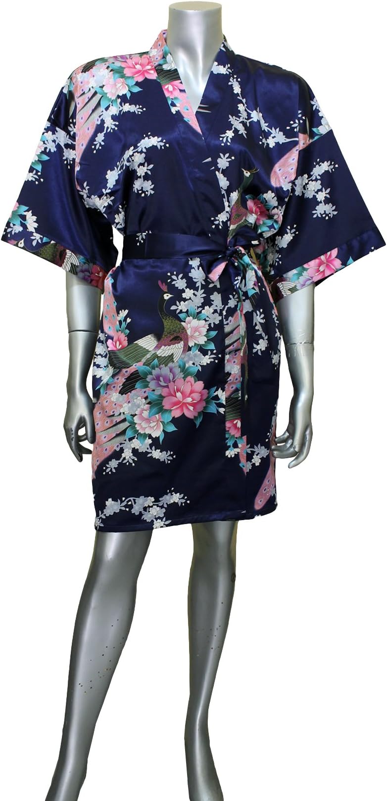 Short Asian Peacock Kimono Women's Satin Silk Robe - One Size - Midnightblue