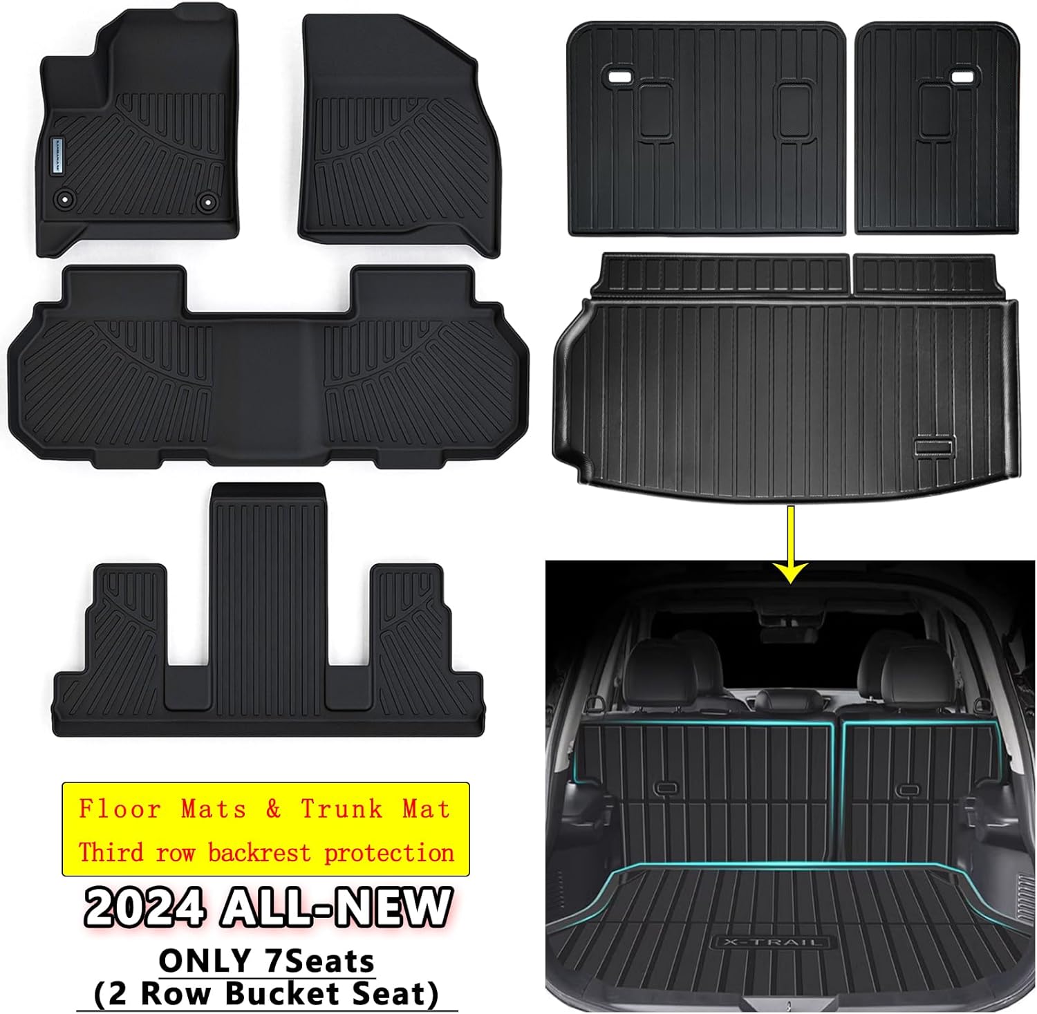 Floor Mats & Trunk Mat For ALL-NEW 2024 2025 Chevy Traverse (7 Seats-2 Row Bucket Seat)TPE All Weather Protection 3 Rows Car Floor Liners With Cargo Liners Covering the backrest Accessories 2024 Traverse 7 Seats