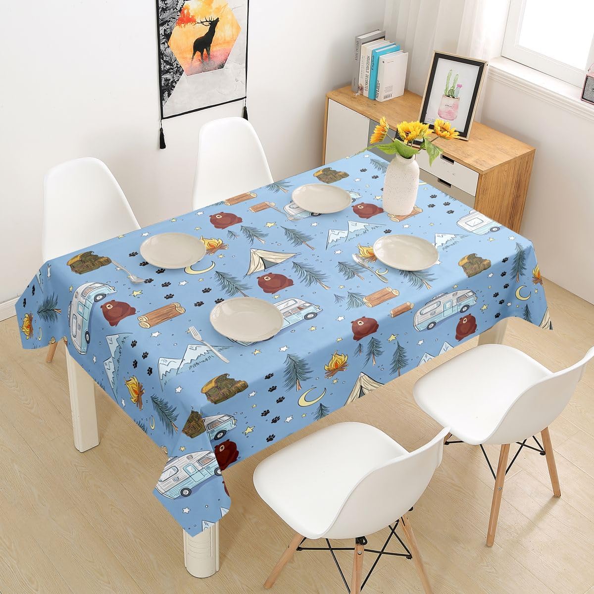 Homewish Cartoon Tents Camp Camper Tablecloths,Camping Picnic Table Cloth,Woodland Bear Table Accessories for Kitchen Dining Room Decor,Snow Mountain Dining-Table Cover,55"x71" image 4