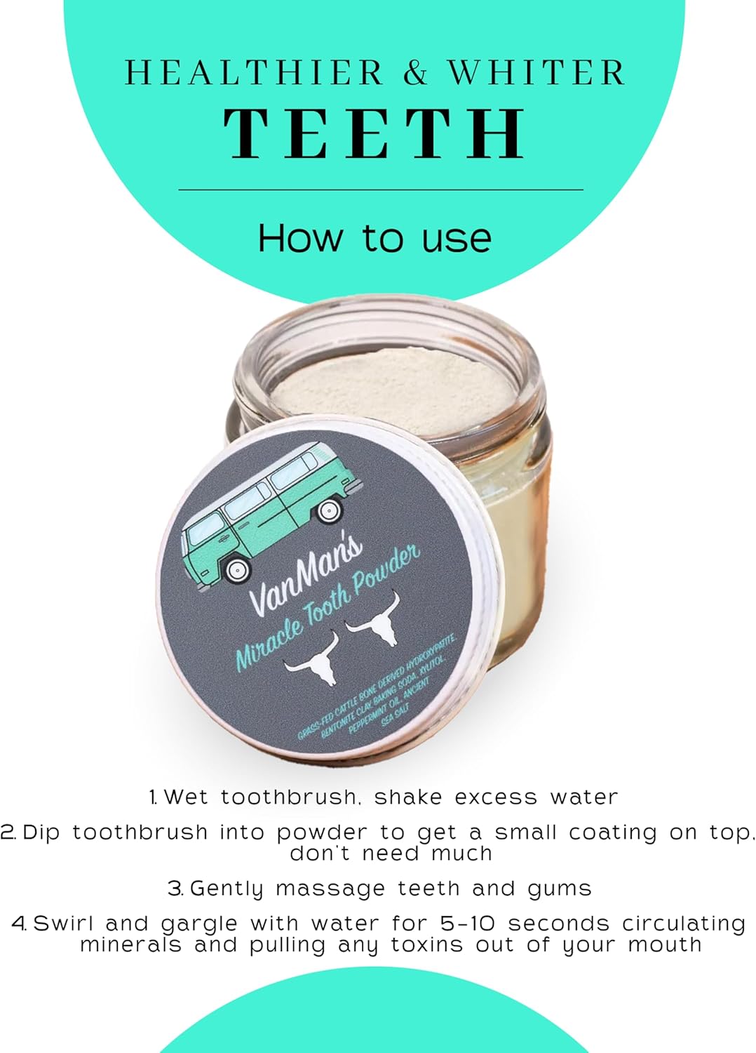 Vanman’s - Mint and Bone Tooth Powder Toothpaste - Remineralizing Tooth Powder with Cattle Bone Derived Hydroxyapatite, Bentonite Clay, Peppermint Oil and Baking Soda - 2.2 oz - Image 7