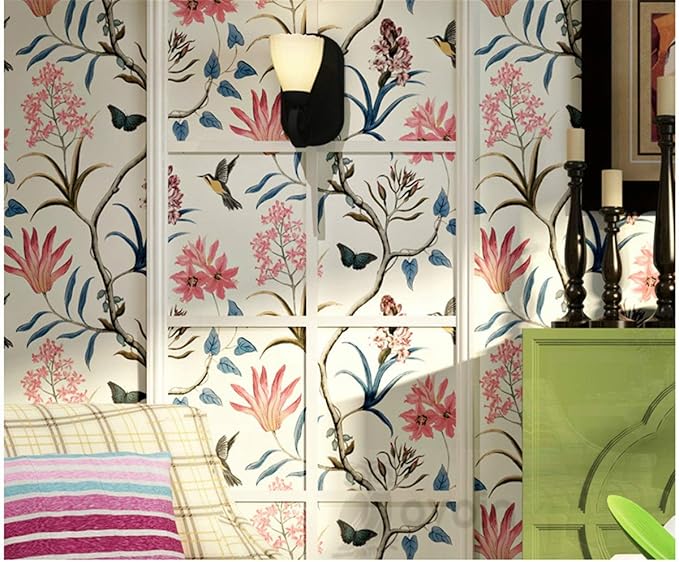 Amazon Co Jp 壁紙 シノワズリ壁紙ベッドルームウォールカバリング近代 ヴィンテージピンクの花壁紙 ブルー熱帯の蝶の鳥の花の壁紙 ノンスティック Color 1 Dimensions 10mx53cm Diy 工具 ガーデン