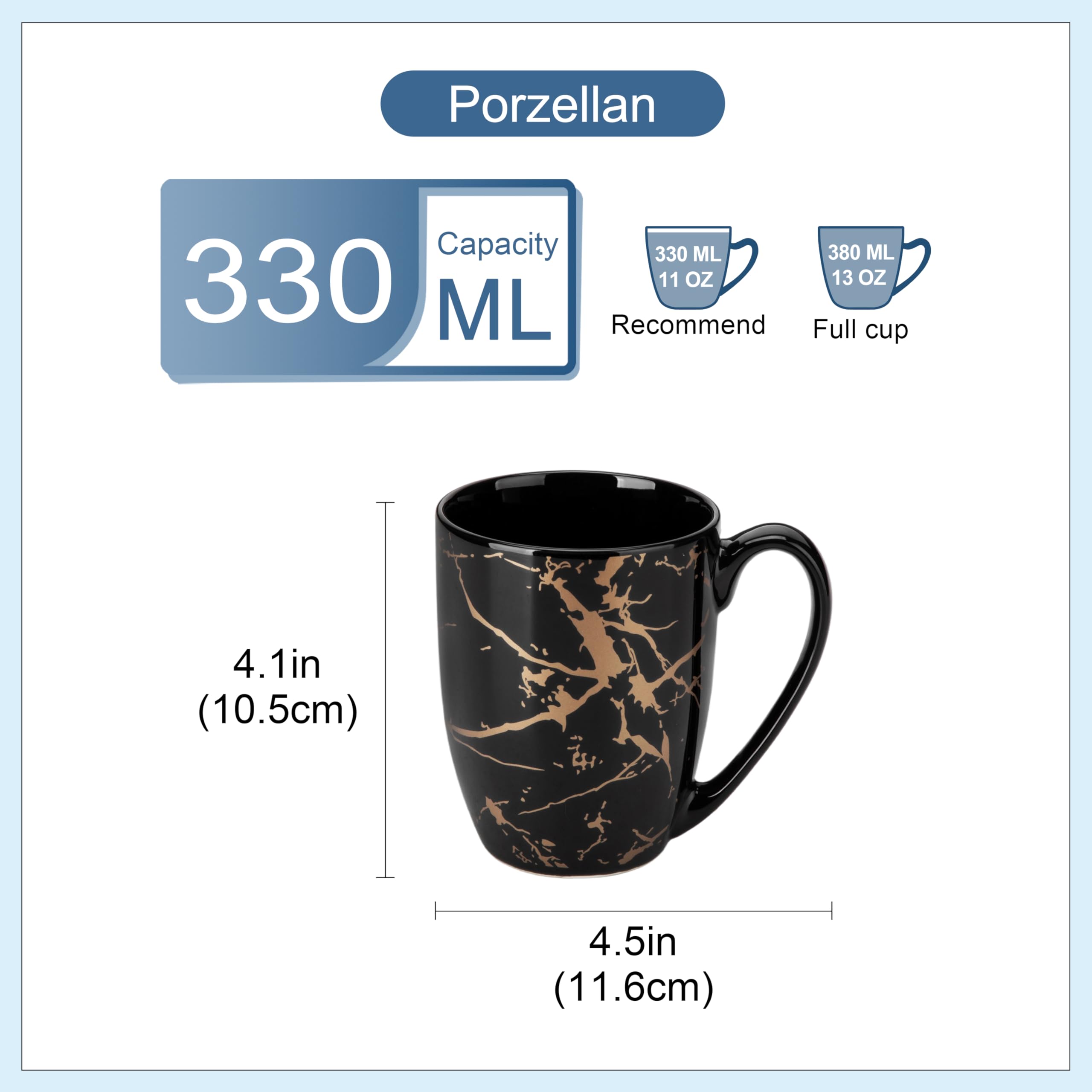 LOVECASA Daphne Tazas de Café de Porcelana 330 ml – Juego de 6 Mugs con asa para Espresso, Cappuccino, Latte y Té – Aptas para Lavavajillas y Microondas – Diseño Negro y Dorado Elegante