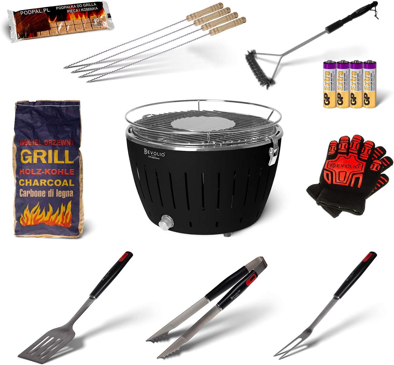 Revolio No. 1 Smokeless Portable BBQ Garden Grill Black 35 x 26 x 22 cm + Large set of accessories: 2.5 kg charcoal kindling barbecue tongs grill spatula fork steel scourer stainless skewers gloves