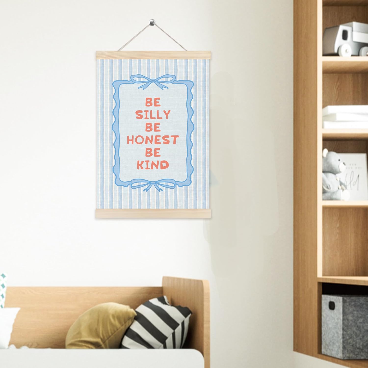 Welshower Blue Coquette Bow Striped Kids Poster Hanger Frame, Be Silly Be Honest Kind Preppy Girly Wall Art Prints Decor for Girls Kids Room Bedroom Nursery Playroom, 12x16 Inch image 5