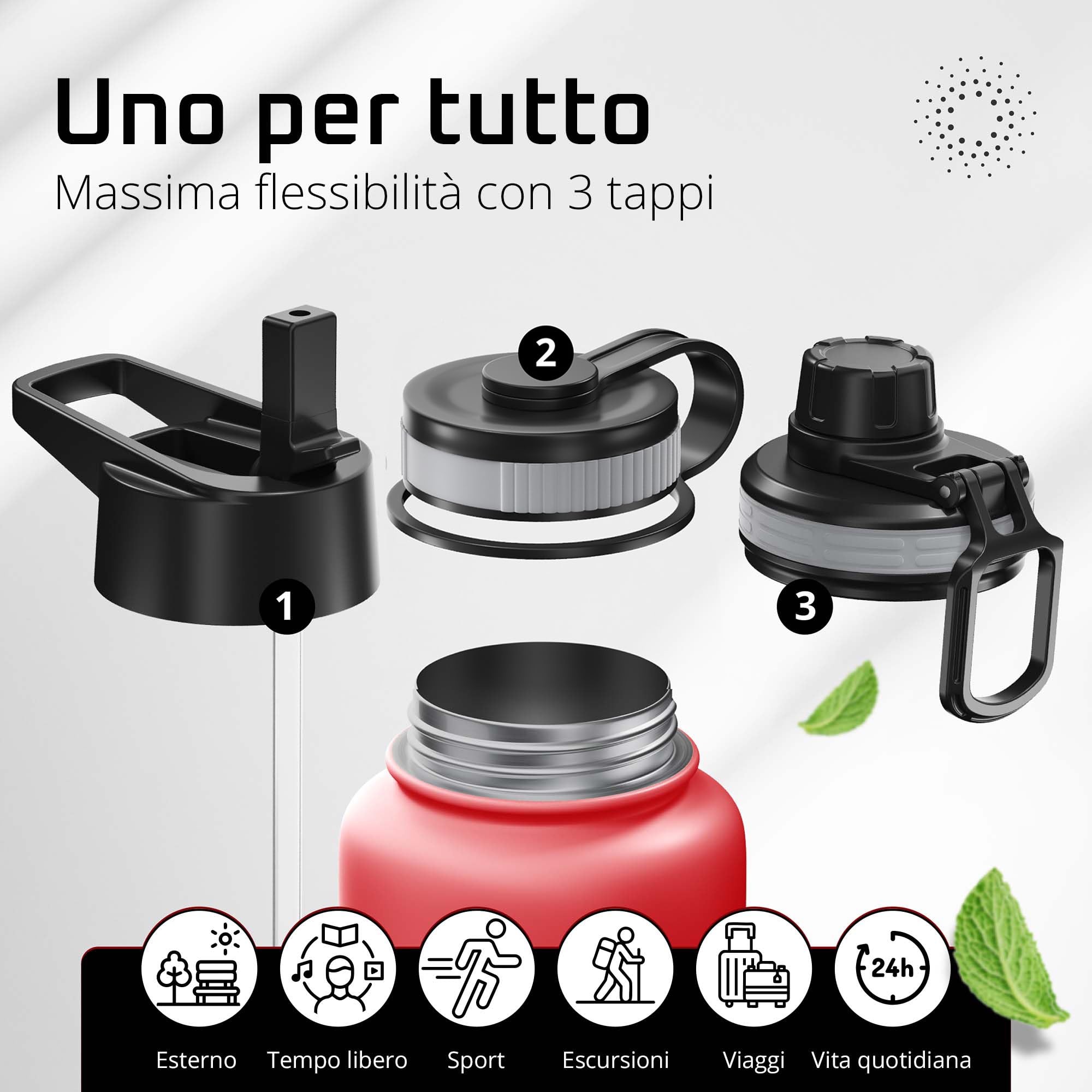 Bottiglia Acqua Termica INOX ACTIVE FLASK + Cannuccia (3 Tappi), Senza BPA, 1l/500ml | Borraccia Isotermica Acciaio - Caldo/Freddo, Ufficio Outdoor Sport Bicicletta viaggio fitness, Caffe Te