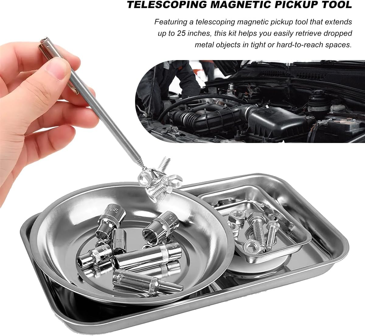 4PCS Magnetic Tray Set with Magnet Stick, Round Rectangular Tray Metal Parts Holder w/Telescoping Pickup Tool, Automotive Stainless Steel Thickened Trays for Screws, Nuts, Bolts
