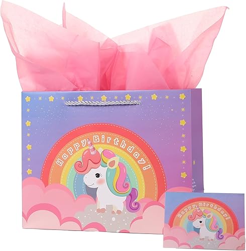 jabberwpacking Bolsas de regalo grandes de 12.6 pulgadas con papel de seda para niñas, bolsa de regalo de cumpleaños de unicornio rosa