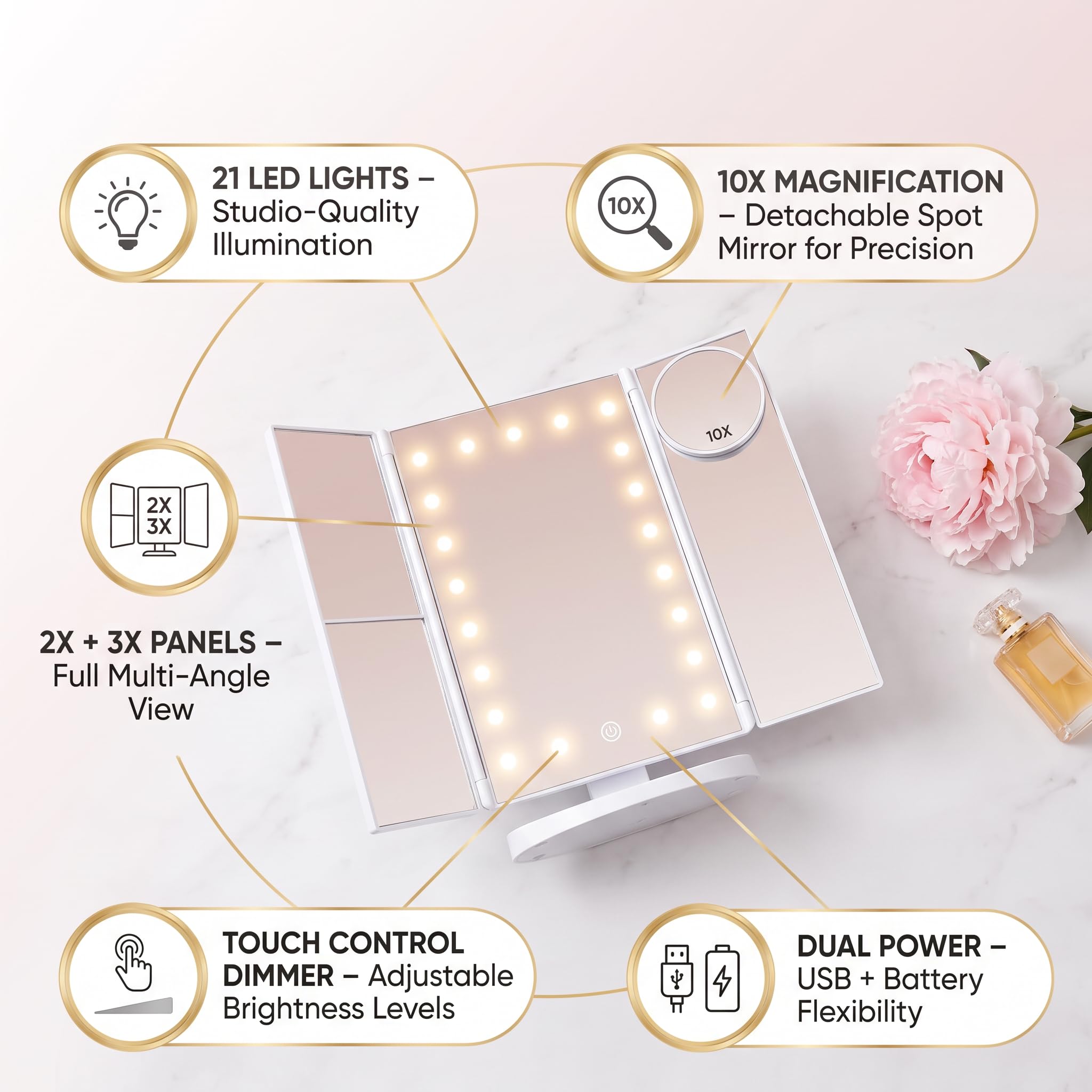 HUONUL - Specchio da trucco pieghevole a 3 luci, 10X/3X/2X LED, colore: rosa