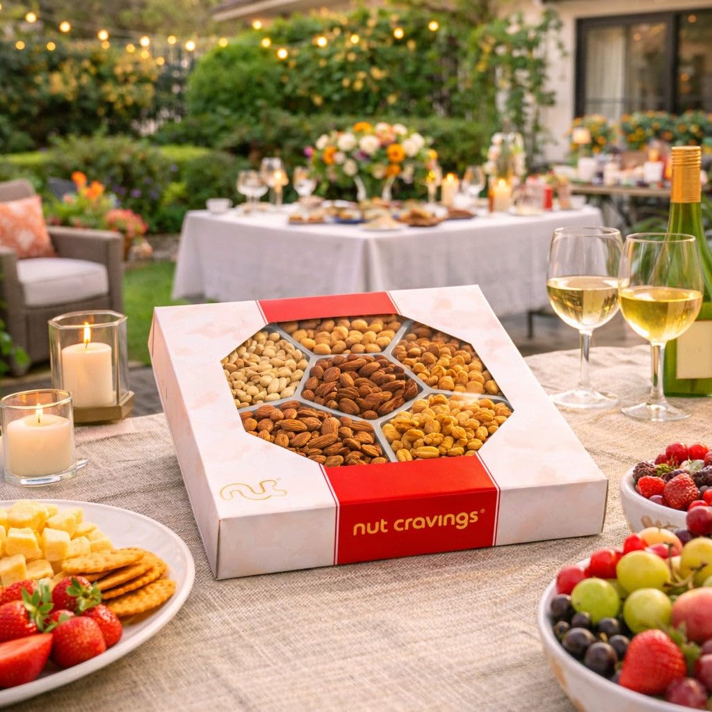 NUT CRAVINGS - Easter Mixed Nuts Gift Basket in Red Gold Classic Box (7 Assortments, 1 LB) Treats for Adults, Food Arrangement, Healthy Snack Care Package, Kosher