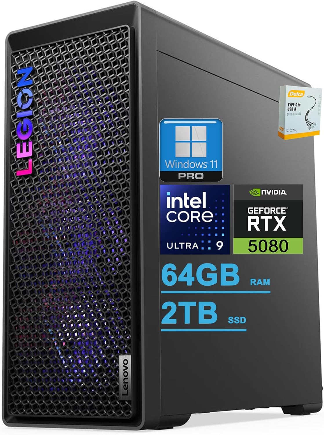 Lenovo Legion Tower 7i Gen 10 Gaming AI Desktop | Intel 24-core Ultra 9 285K | 64GB DDR5 2TB SSD | GeForce RTX 5080 Up to 1801 AI TOPS | 360mm Liquid Cooler ARGB Fan 850W PSU Win11Pro w/DLCA Accessory