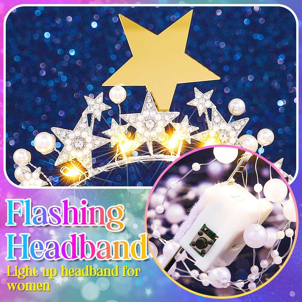 Reaky Light Up Star Halo Crown Led Gold Rhinestone Headpiece Goddess Pearl Headband Carnival Hair Accessories for Women - Image 4