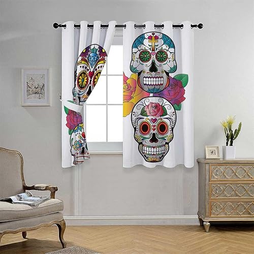 Cortinas para Habitacion Calavera de Azúcar Decoración con ojales para marco de puerta corta Cortinas para Ventanas de Cuarto 85 pulgadas de ancho